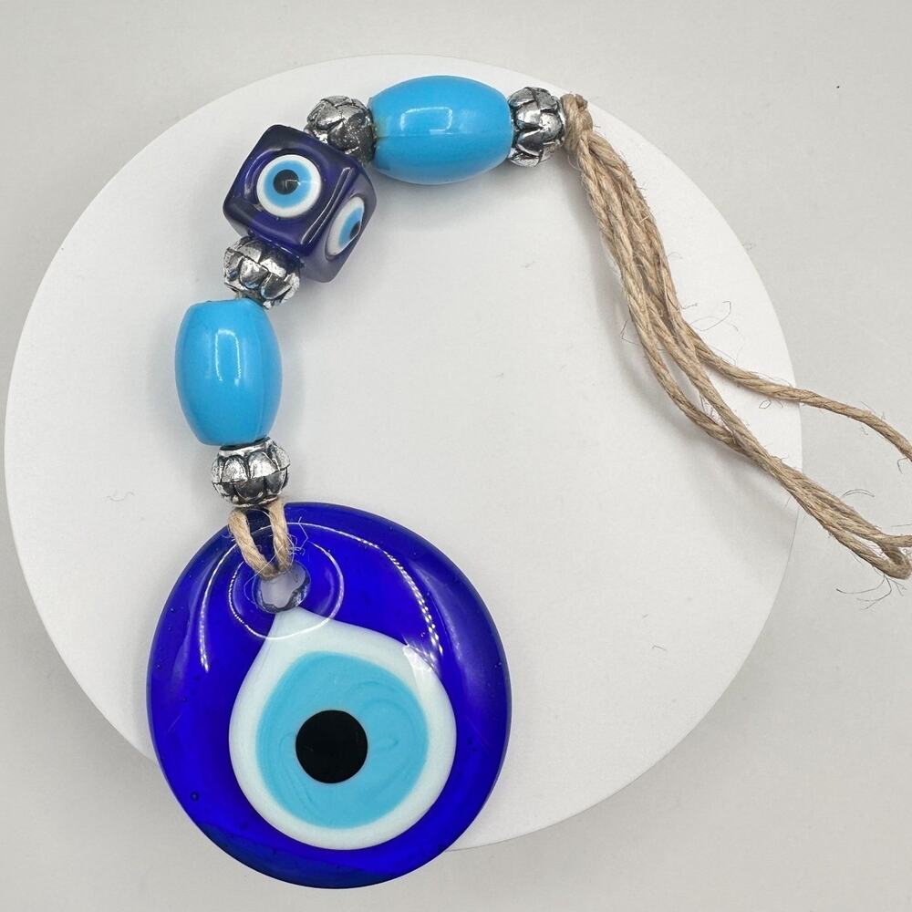 Vintage 90s Evil Eye Blue Glass Amulet Wall Hanging Protection Pendant Jewelry